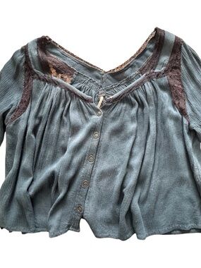 Free People Boho Lace Trim Blouse Blue Button Front Peasant Top Size XS